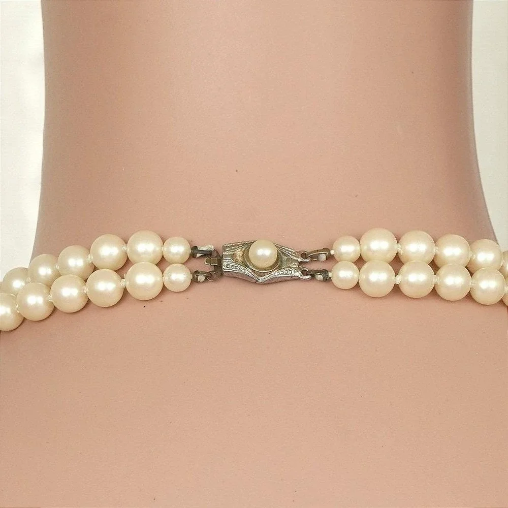 Vintage Double Strand Faux Pearl Necklace‎ Ivory Cream Silver Tone Box Clasp